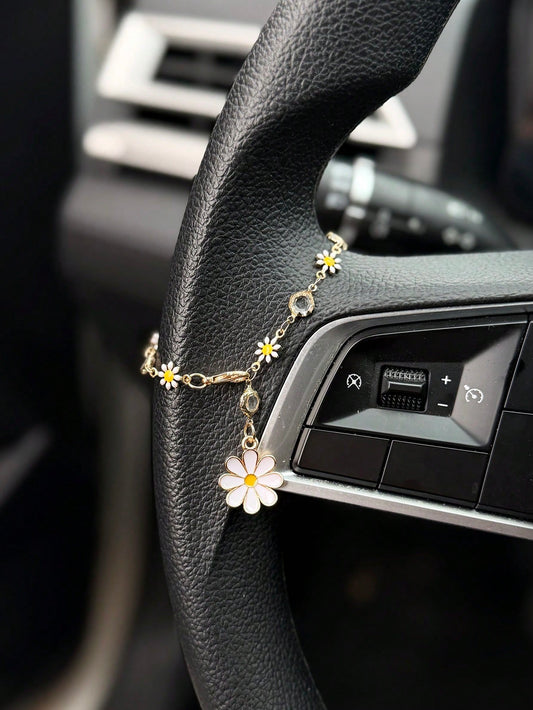 1pc Daisy Flower Car Steering Wheel Decor Chain, Fresh Floral Car Interior Hanging Ornament Accessory For Women