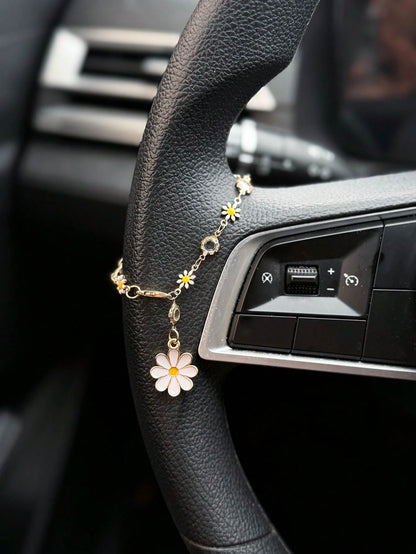 1pc Daisy Flower Car Steering Wheel Decor Chain, Fresh Floral Car Interior Hanging Ornament Accessory For Women