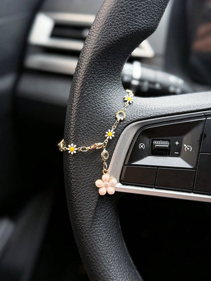 1pc Daisy Flower Car Steering Wheel Decor Chain, Fresh Floral Car Interior Hanging Ornament Accessory For Women