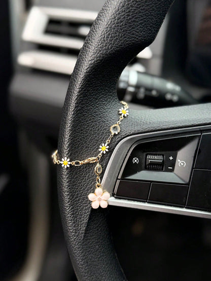 1pc Daisy Flower Car Steering Wheel Decor Chain, Fresh Floral Car Interior Hanging Ornament Accessory For Women