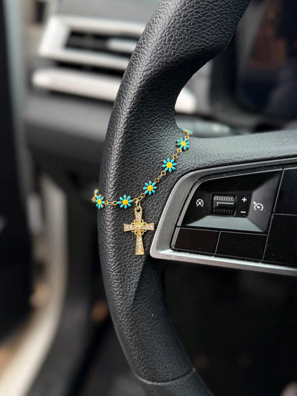 1pc Daisy Flower Car Steering Wheel Decor Chain, Fresh Floral Car Interior Hanging Ornament Accessory For Women