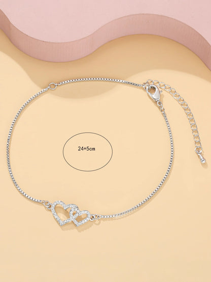 1pc Delicate Zirconia Double Heart Anklet, Suitable For Women To Wear On Vacation, Beach And Daily Occasions