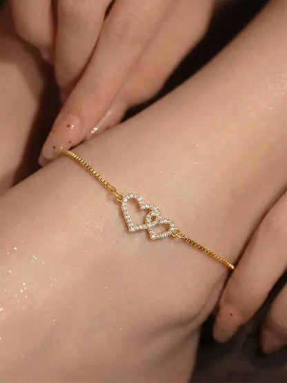1pc Delicate Zirconia Double Heart Anklet, Suitable For Women To Wear On Vacation, Beach And Daily Occasions