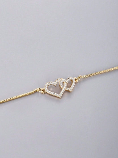1pc Delicate Zirconia Double Heart Anklet, Suitable For Women To Wear On Vacation, Beach And Daily Occasions