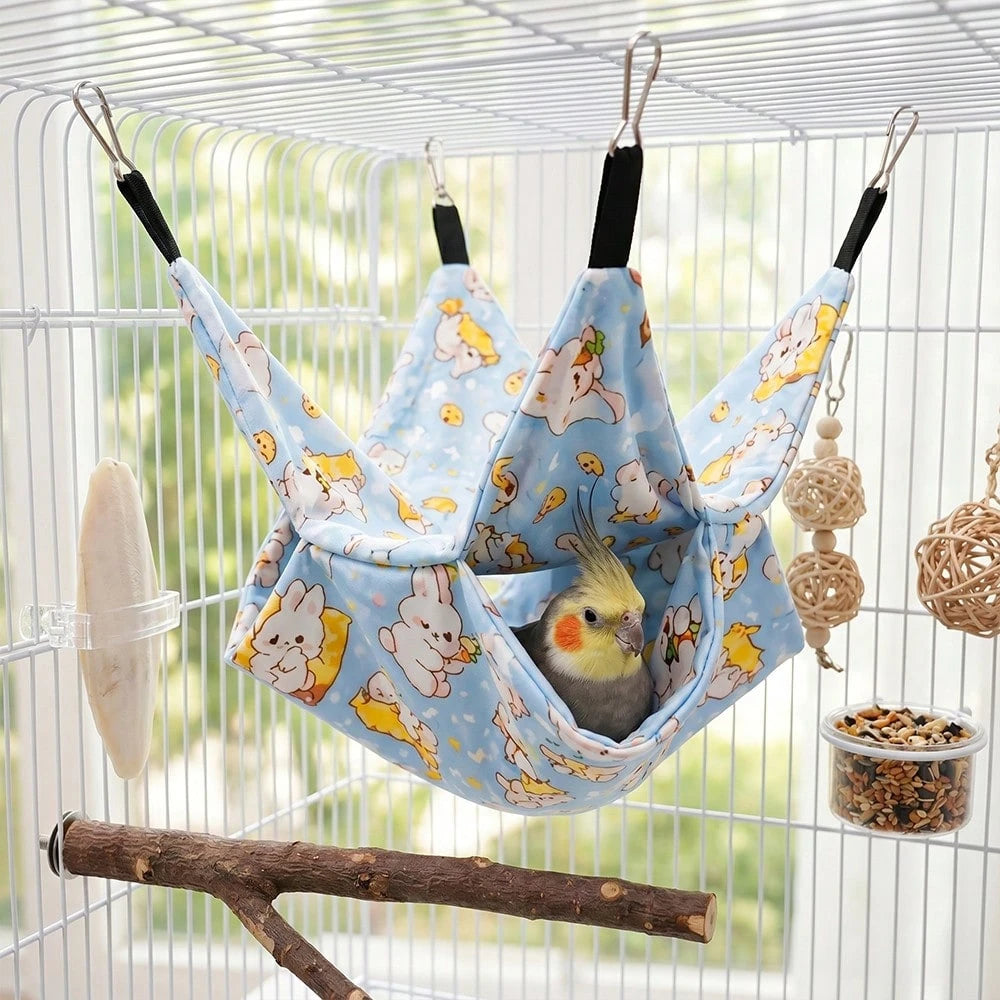 1pc Double Layer Cartoon Print Hanging Pet Hammock Bird Sleeping Pad, Breathable Bird Resting Nest, With 4 Metal Hooks, Double Layer Pet Hideout Shelter, Suitable For Parrots, Guinea Pigs, Sugar Glide