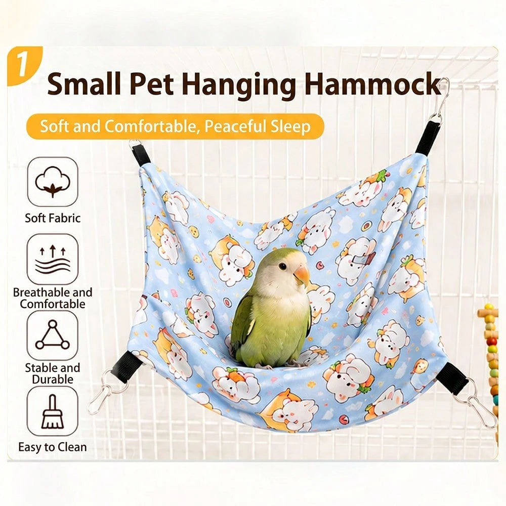 1pc Double Layer Cartoon Print Hanging Pet Hammock Bird Sleeping Pad, Breathable Bird Resting Nest, With 4 Metal Hooks, Double Layer Pet Hideout Shelter, Suitable For Parrots, Guinea Pigs, Sugar Glide