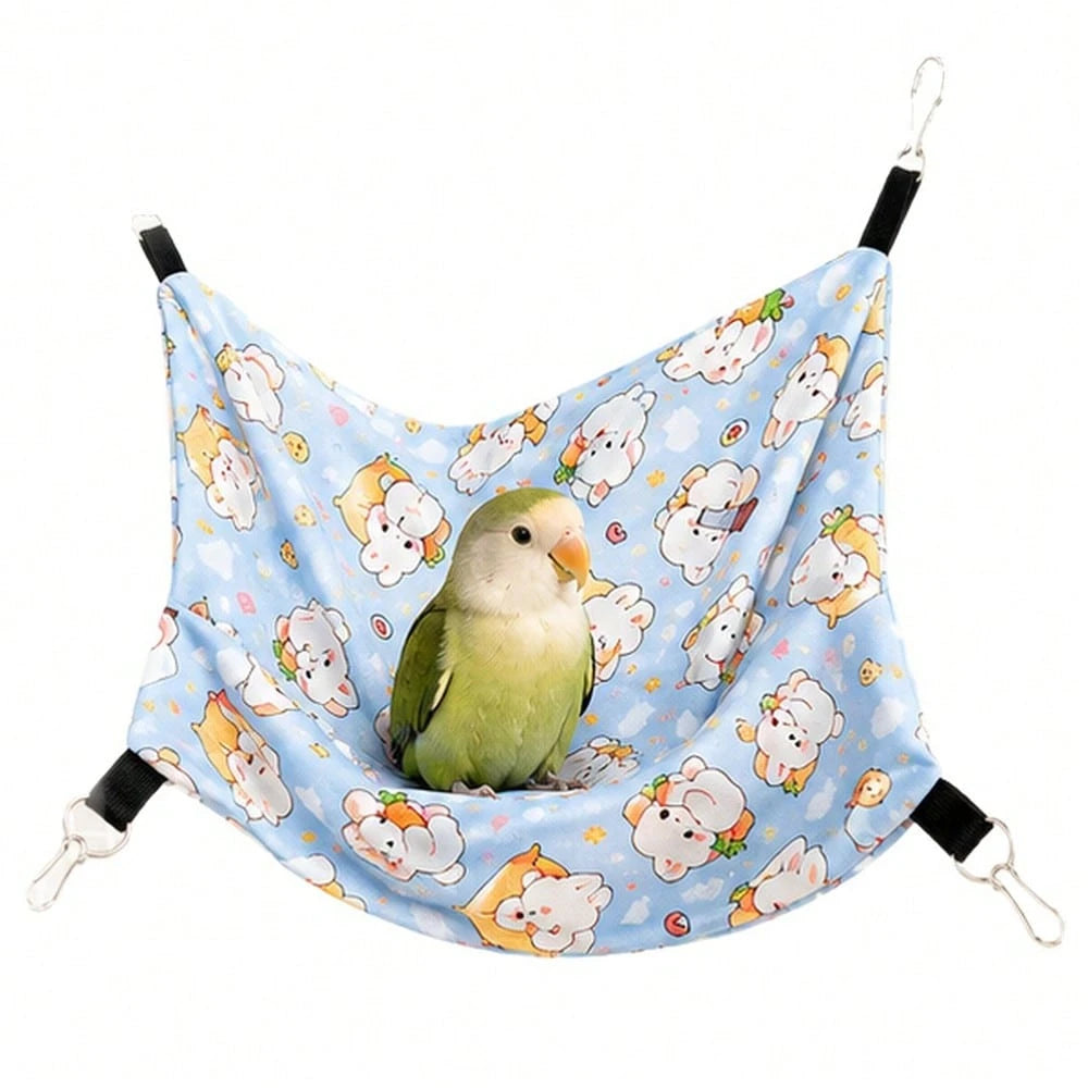 1pc Double Layer Cartoon Print Hanging Pet Hammock Bird Sleeping Pad, Breathable Bird Resting Nest, With 4 Metal Hooks, Double Layer Pet Hideout Shelter, Suitable For Parrots, Guinea Pigs, Sugar Glide