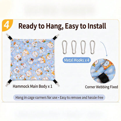1pc Double Layer Cartoon Print Hanging Pet Hammock Bird Sleeping Pad, Breathable Bird Resting Nest, With 4 Metal Hooks, Double Layer Pet Hideout Shelter, Suitable For Parrots, Guinea Pigs, Sugar Glide