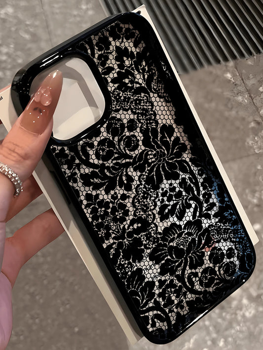 1pc Elegant Black Lace Floral Pattern Phone Case, Black Frame Transparent Back Cover Shockproof Protective Shell, Compatible With IPhone 17/16/15/14/13/12/11/Pro/Pro Max/Plus, Suitable As Gift For Fam