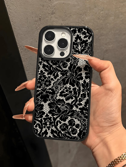 1pc Elegant Black Lace Floral Pattern Phone Case, Black Frame Transparent Back Cover Shockproof Protective Shell, Compatible With IPhone 17/16/15/14/13/12/11/Pro/Pro Max/Plus, Suitable As Gift For Fam