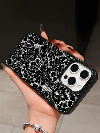 1pc Elegant Black Lace Floral Pattern Phone Case, Black Frame Transparent Back Cover Shockproof Protective Shell, Compatible With IPhone 17/16/15/14/13/12/11/Pro/Pro Max/Plus, Suitable As Gift For Fam
