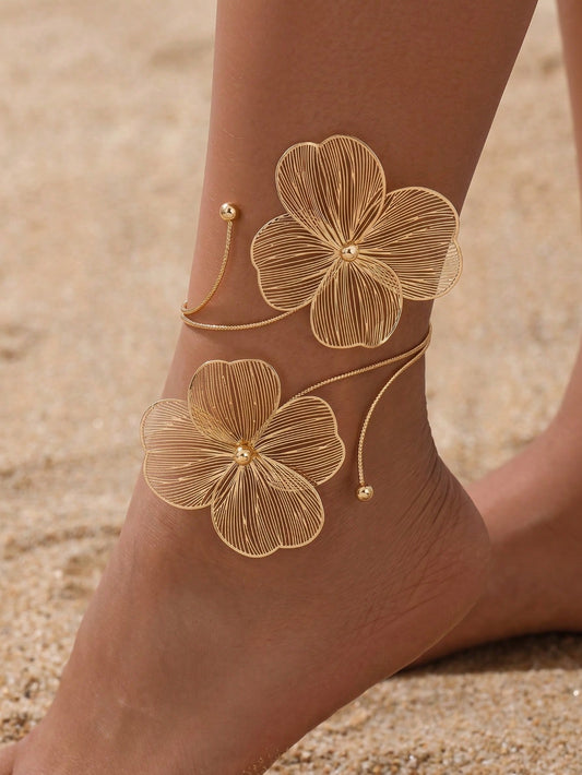 1pc Elegant Hollow 3D Four-Leaf Flower Anklet, Adjustable Size, Suitable For Party Gift
