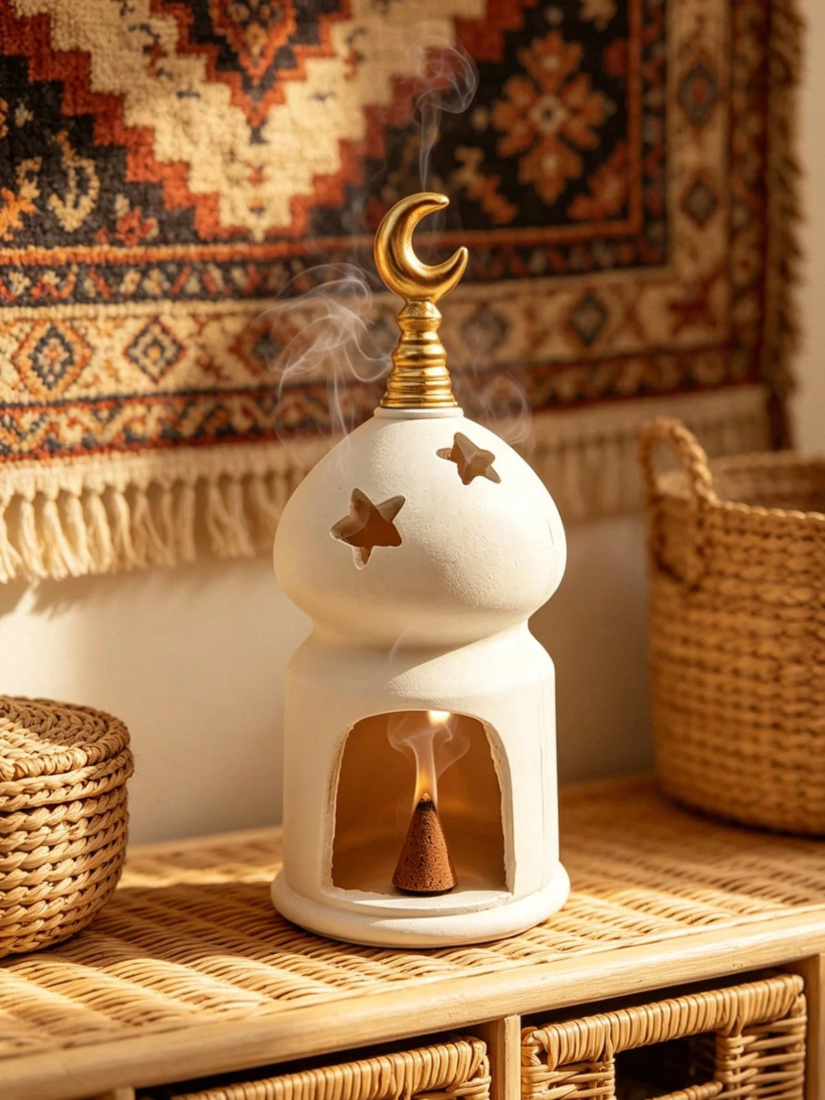 1pc Elegant White Candle Holder, Decorated With Gold Crescent Moon And Hollow Star Design, Ideal Home Decor For Living Room, Bedroom Or Coffee Table, Also A Perfect Gift And Decoration