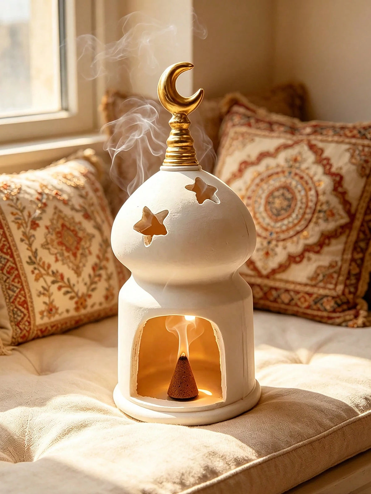 1pc Elegant White Candle Holder, Decorated With Gold Crescent Moon And Hollow Star Design, Ideal Home Decor For Living Room, Bedroom Or Coffee Table, Also A Perfect Gift And Decoration