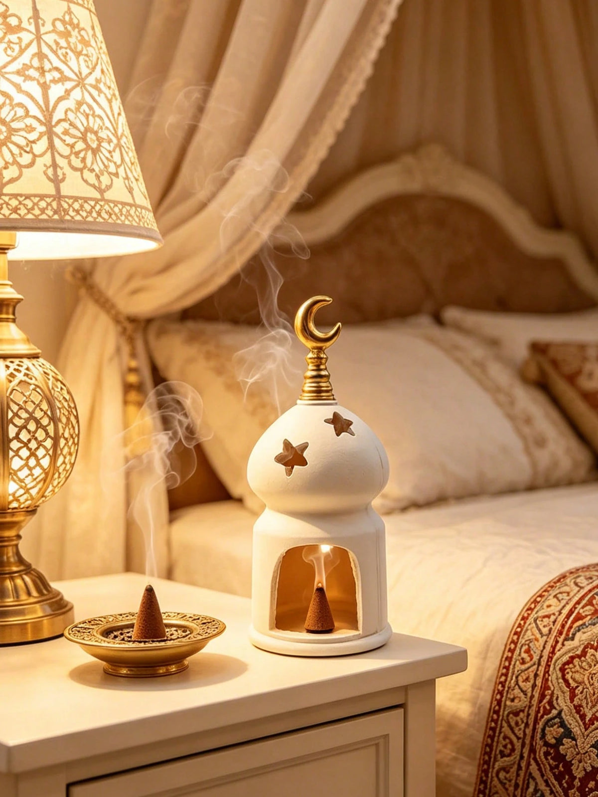 1pc Elegant White Candle Holder, Decorated With Gold Crescent Moon And Hollow Star Design, Ideal Home Decor For Living Room, Bedroom Or Coffee Table, Also A Perfect Gift And Decoration