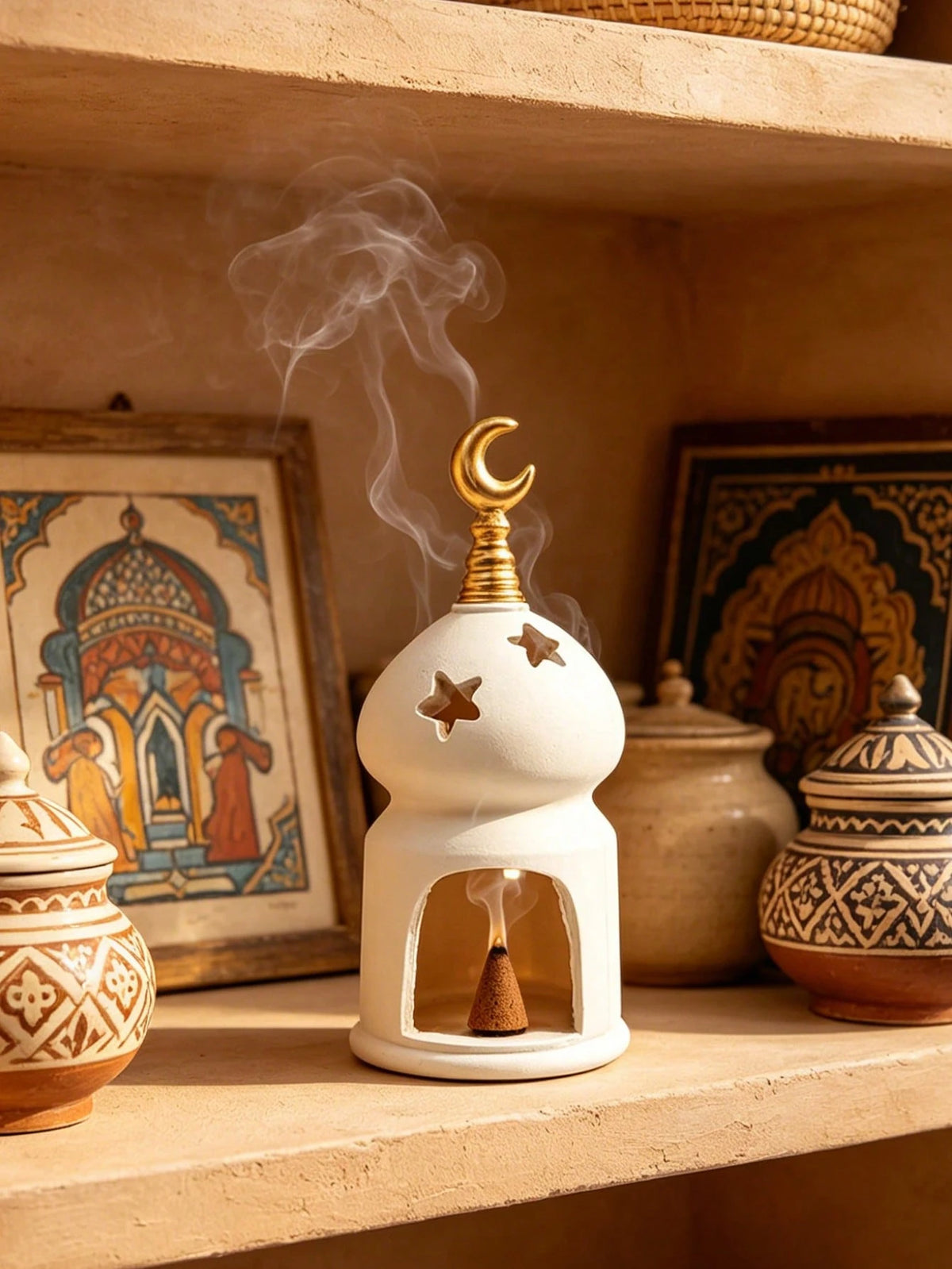 1pc Elegant White Candle Holder, Decorated With Gold Crescent Moon And Hollow Star Design, Ideal Home Decor For Living Room, Bedroom Or Coffee Table, Also A Perfect Gift And Decoration