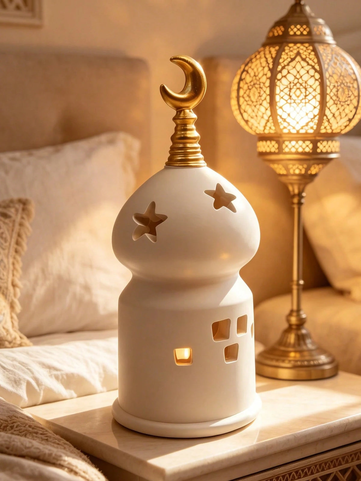1pc Elegant White Candle Holder, Decorated With Gold Crescent Moon And Hollow Star Design, Ideal Home Decor For Living Room, Bedroom Or Coffee Table, Also A Perfect Gift And Decoration