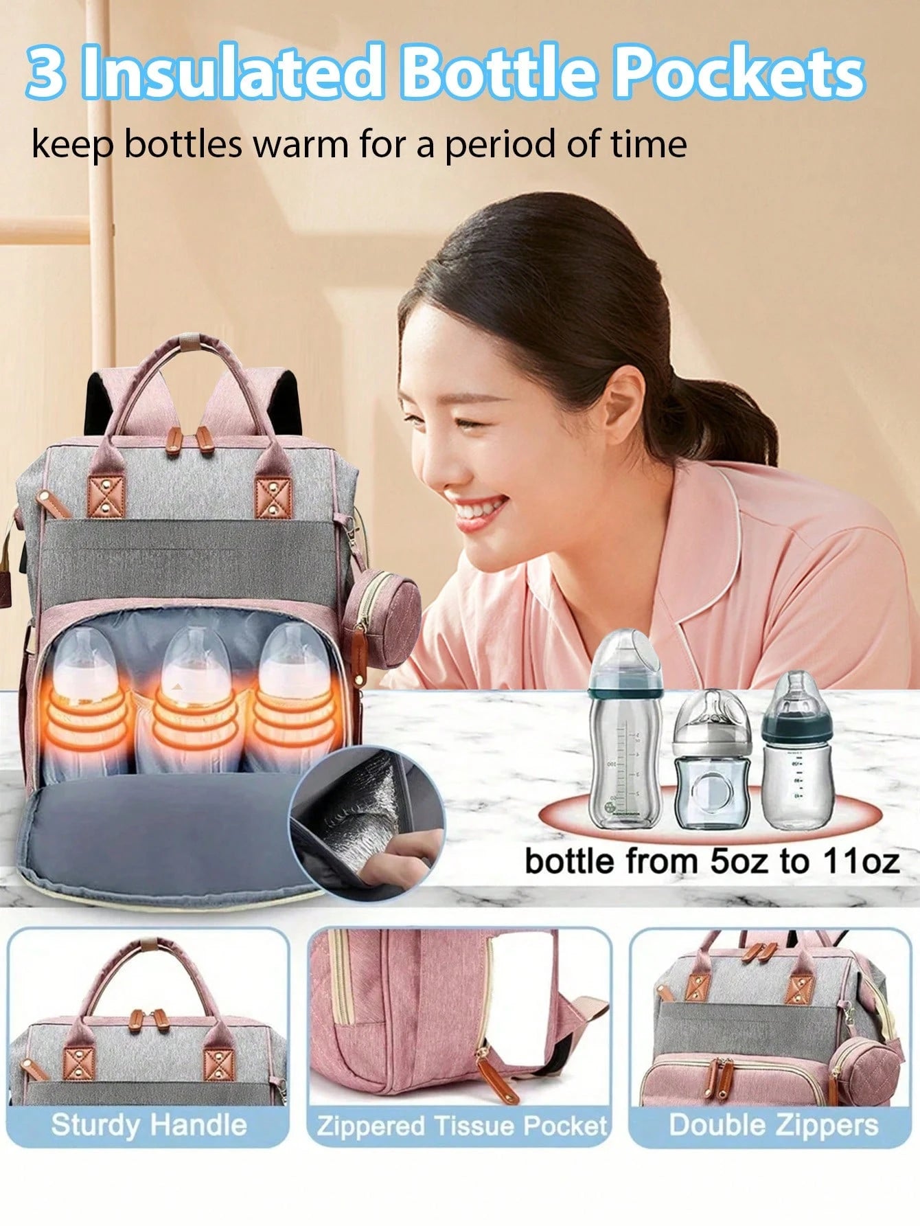 1pc Fashion Mummy Bag, Multi-Function Diaper Bag With Baby Bed Straps, Large Capacity Portable Multifunctional Diaper Bag, Multiple Compartments, Storage Bag For Home And Outdoor Use
