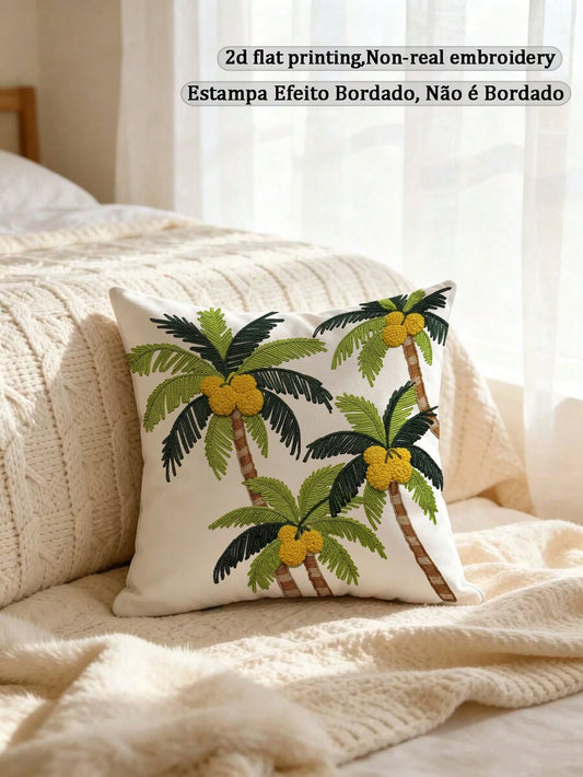 1pc Faux Embroidered Coconut Palm Tree Tropical Summer Palm Cushion, Suitable For Outdoor Patio Sofa Home Decor (Pillow Insert Not Included)