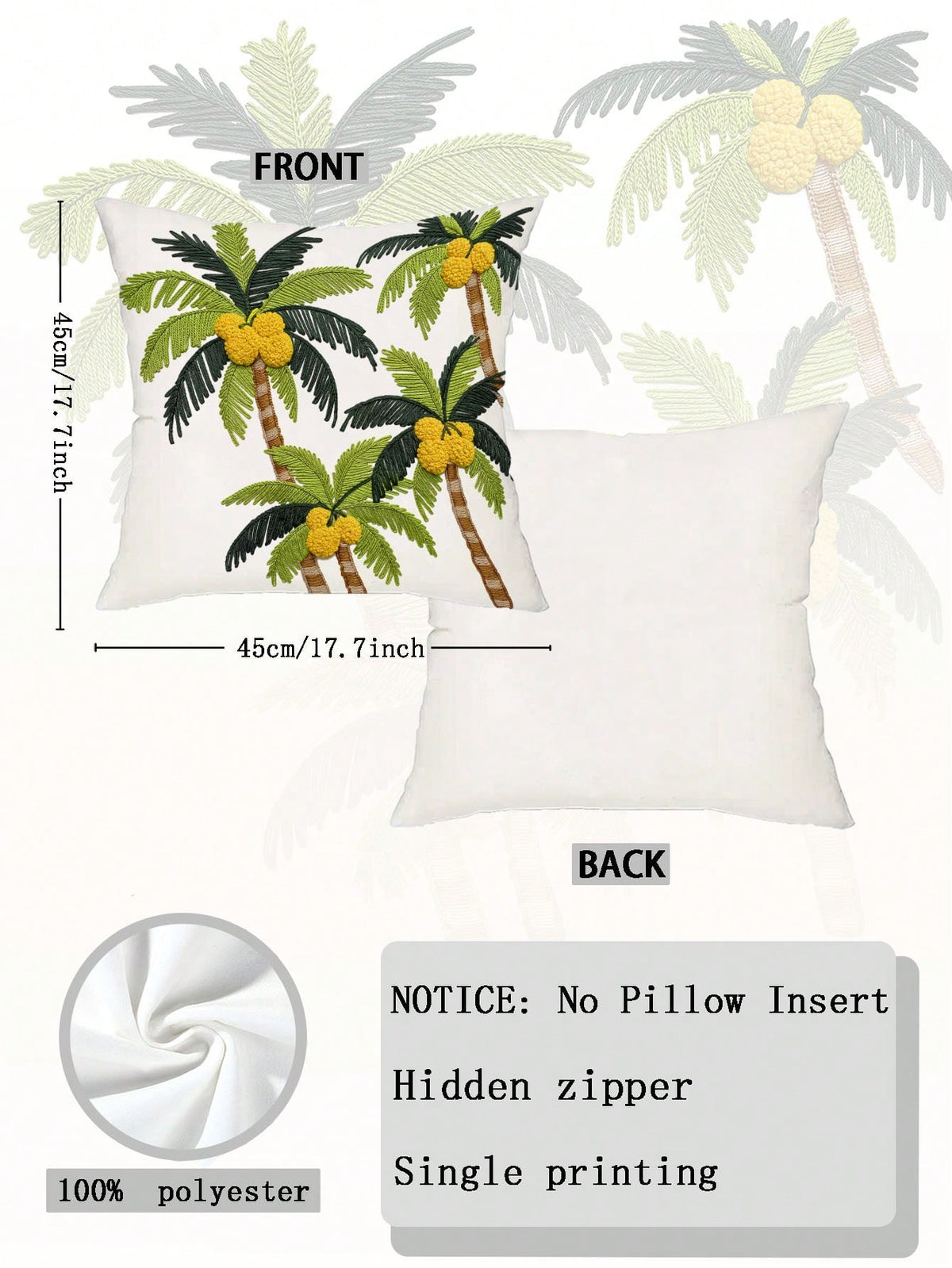 1pc Faux Embroidered Coconut Palm Tree Tropical Summer Palm Cushion, Suitable For Outdoor Patio Sofa Home Decor (Pillow Insert Not Included)