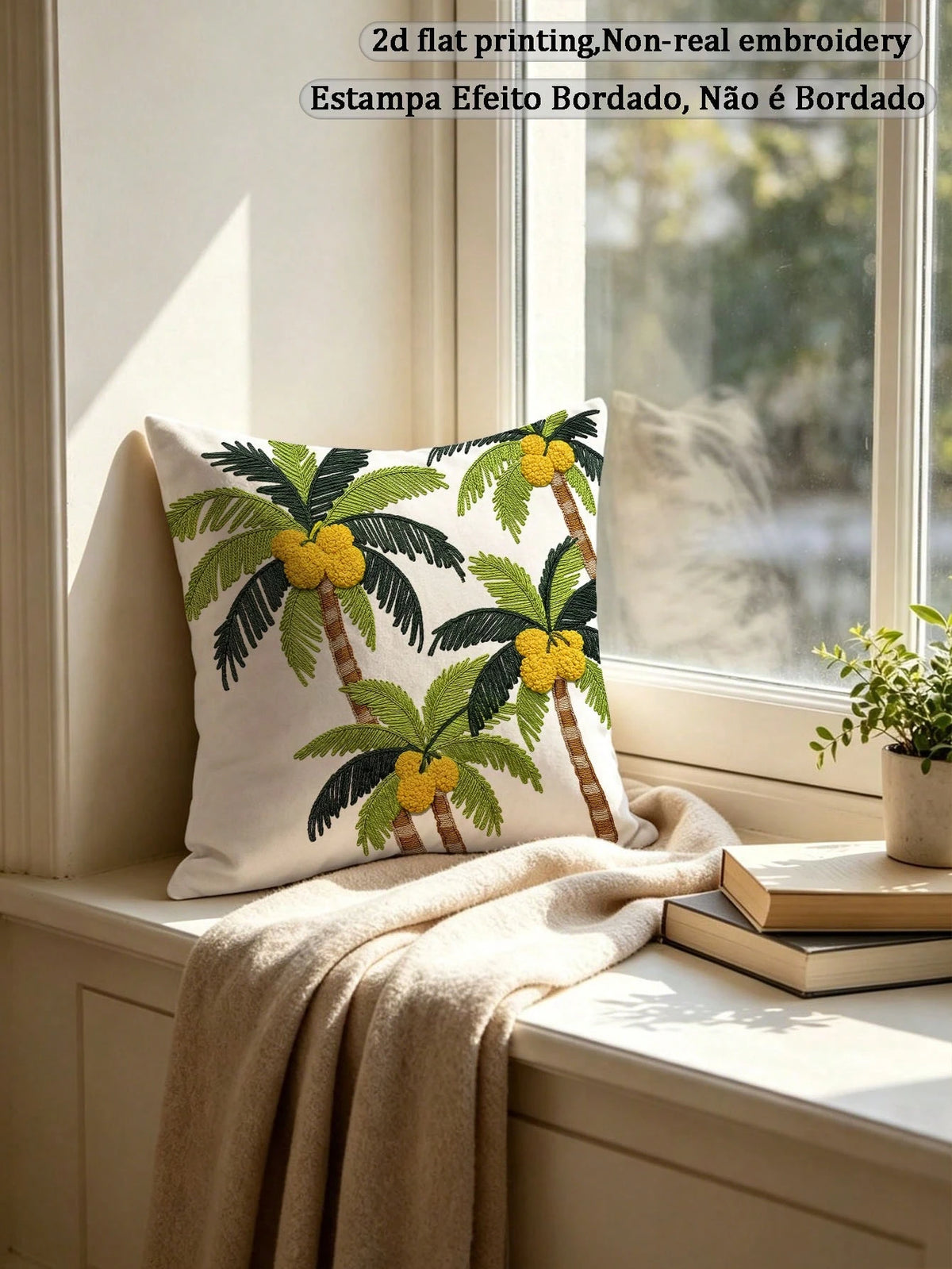 1pc Faux Embroidered Coconut Palm Tree Tropical Summer Palm Cushion, Suitable For Outdoor Patio Sofa Home Decor (Pillow Insert Not Included)