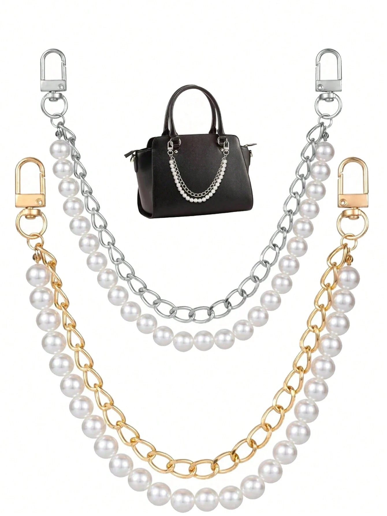 1pc Faux Pearl Chain, Light Gold/Silver Handbag Strap, Metal One Shoulder Crossbody Bag Short Handle Replacement Pendant, Women Accessory