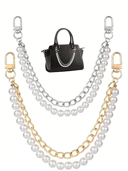 1pc Faux Pearl Chain, Light Gold/Silver Handbag Strap, Metal One Shoulder Crossbody Bag Short Handle Replacement Pendant, Women Accessory