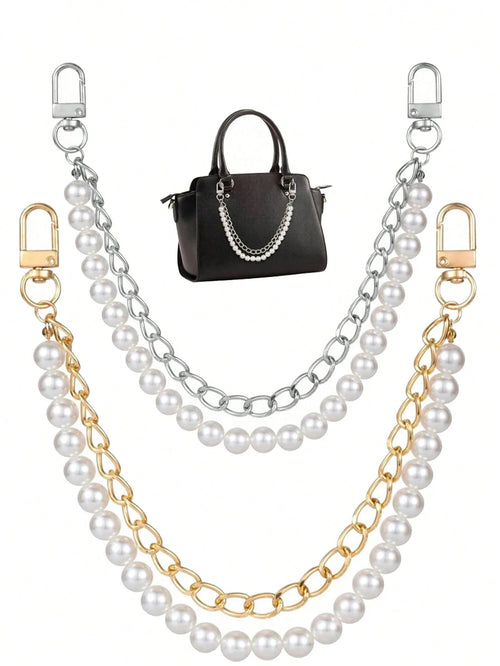 1pc Faux Pearl Chain, Light Gold/Silver Handbag Strap, Metal One Shoulder Crossbody Bag Short Handle Replacement Pendant, Women Accessory