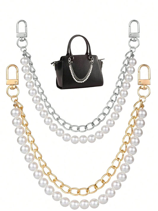 1pc Faux Pearl Chain, Light Gold/Silver Handbag Strap, Metal One Shoulder Crossbody Bag Short Handle Replacement Pendant, Women Accessory
