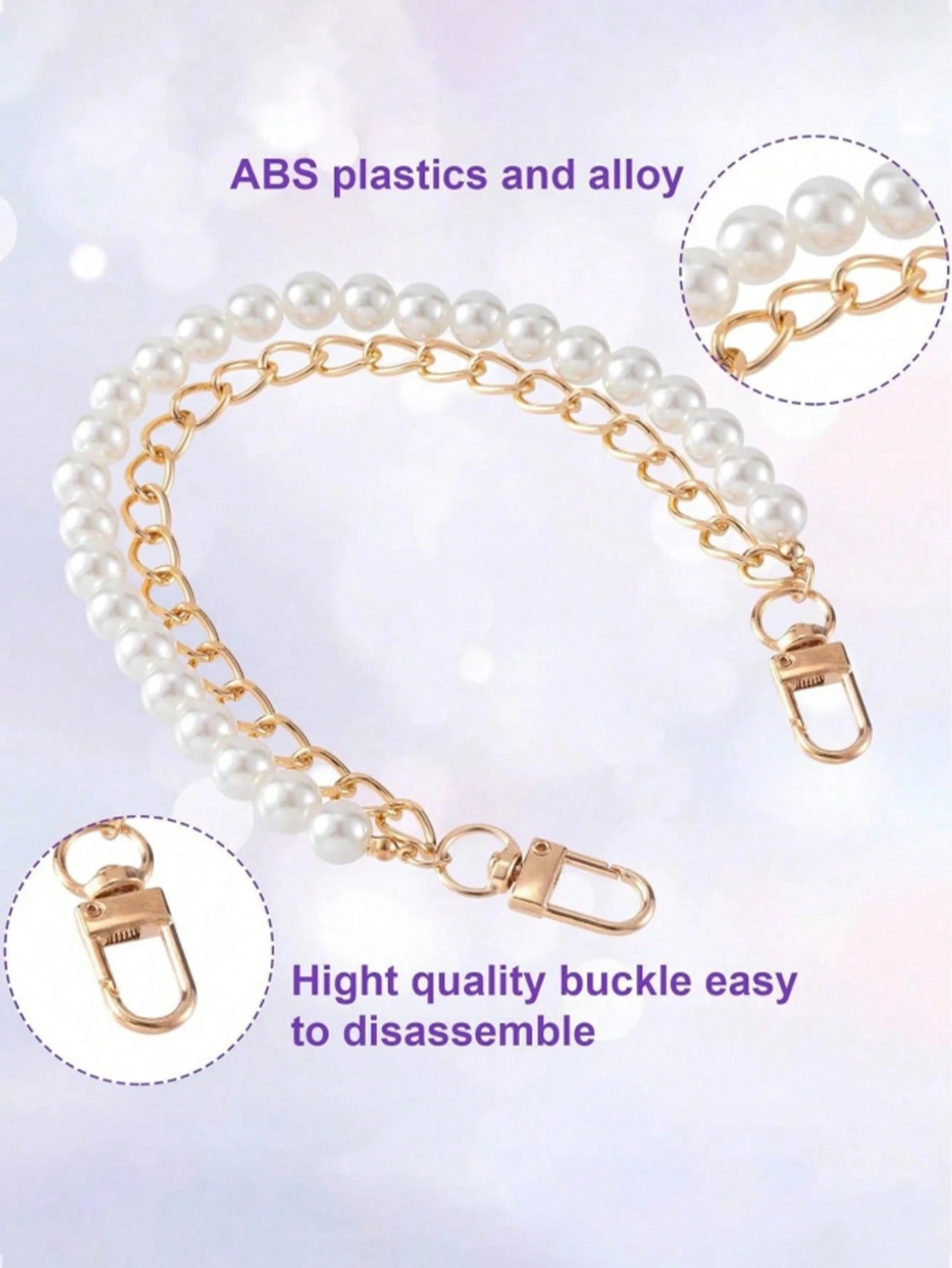 1pc Faux Pearl Chain, Light Gold/Silver Handbag Strap, Metal One Shoulder Crossbody Bag Short Handle Replacement Pendant, Women Accessory