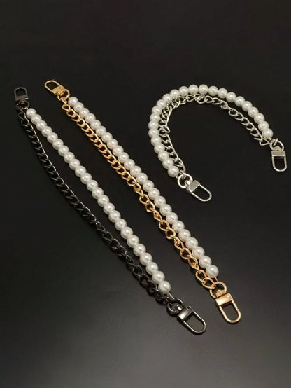 1pc Faux Pearl Chain, Light Gold/Silver Handbag Strap, Metal One Shoulder Crossbody Bag Short Handle Replacement Pendant, Women Accessory