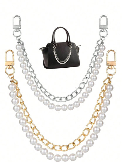 1pc Faux Pearl Chain, Light Gold/Silver Handbag Strap, Metal One Shoulder Crossbody Bag Short Handle Replacement Pendant, Women Accessory