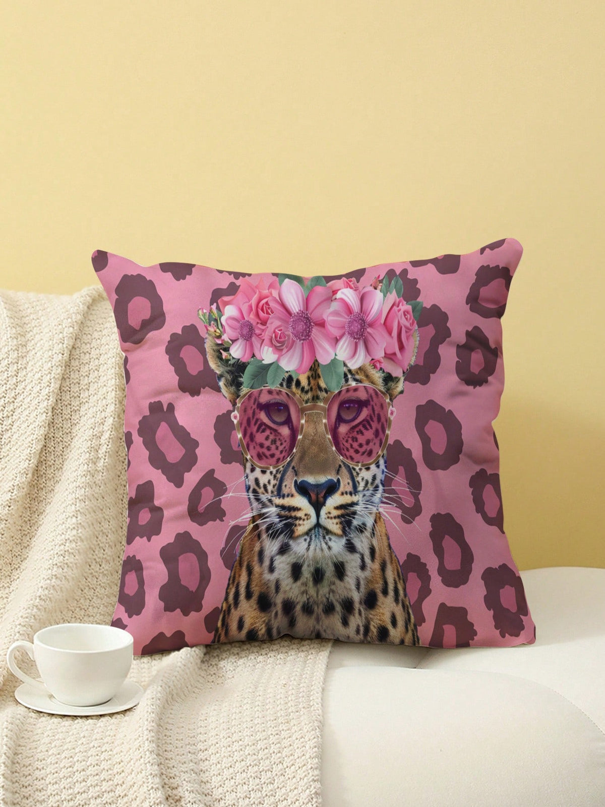 1pc Floral Leopard Pattern Single-Side Printed Pillow Cover, Home Decorative Pillow Case, No Filling