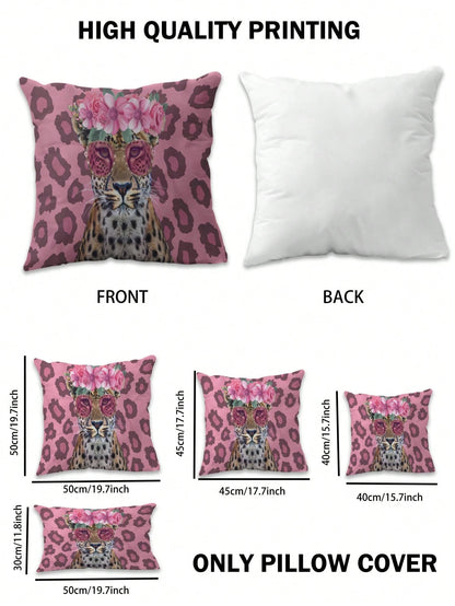 1pc Floral Leopard Pattern Single-Side Printed Pillow Cover, Home Decorative Pillow Case, No Filling