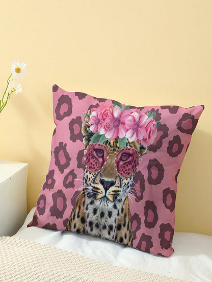 1pc Floral Leopard Pattern Single-Side Printed Pillow Cover, Home Decorative Pillow Case, No Filling