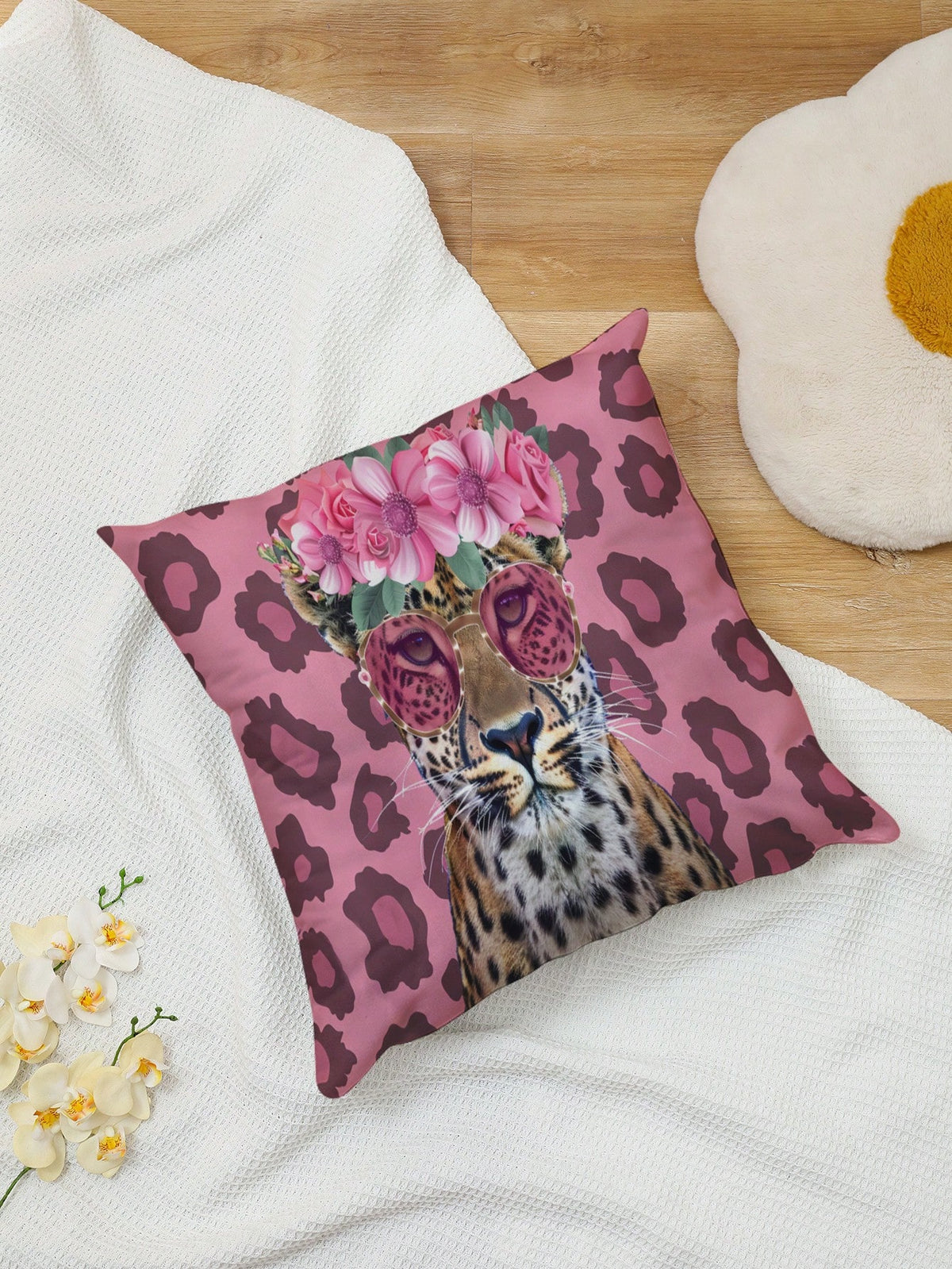 1pc Floral Leopard Pattern Single-Side Printed Pillow Cover, Home Decorative Pillow Case, No Filling