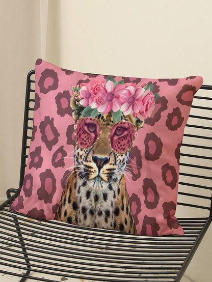 1pc Floral Leopard Pattern Single-Side Printed Pillow Cover, Home Decorative Pillow Case, No Filling