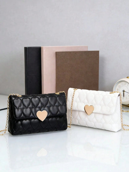1pc Girls' Heart Embroidery Metal Chain Small Square Bag, Cute Casual Crossbody Bag, Solid Color Embroidered Phone Shoulder Bag, Great Gift