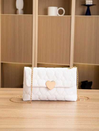 1pc Girls' Heart Embroidery Metal Chain Small Square Bag, Cute Casual Crossbody Bag, Solid Color Embroidered Phone Shoulder Bag, Great Gift