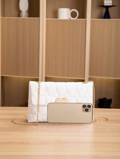 1pc Girls' Heart Embroidery Metal Chain Small Square Bag, Cute Casual Crossbody Bag, Solid Color Embroidered Phone Shoulder Bag, Great Gift