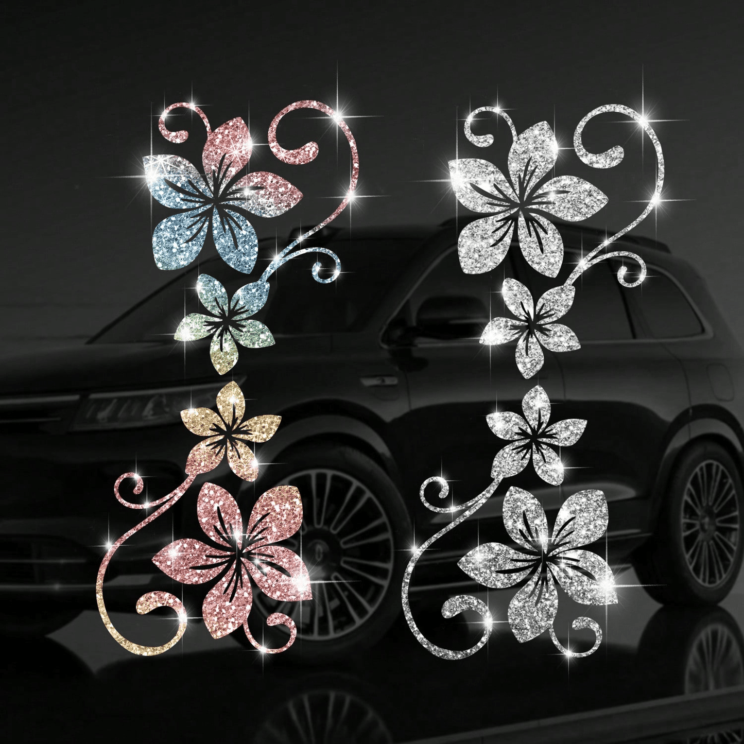 1pc Glitter Vine Floral Self-Adhesive Car Sticker With Elegant Flower Patterns. Residue-Free, Simple To Paste. Ideal Decorative Decal For Cars, Motorcycles, Trucks, Glass Windows And Laptops, Perfect