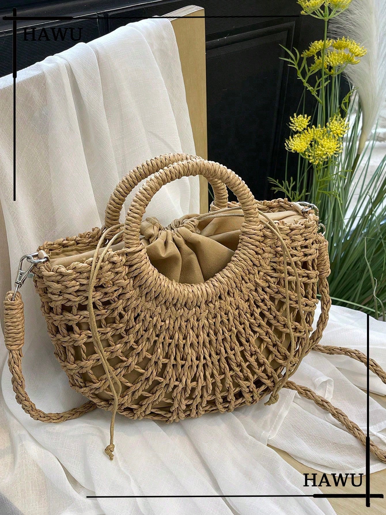 1pc Half-Moon Hollow Out Handbag, Fashionable Beach Vacation Straw Woven Bag, Vacation Bag For Summer, Perfect For Beach Vacation, Travel, Boho Chic