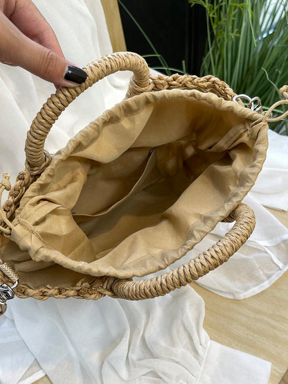 1pc Half-Moon Hollow Out Handbag, Fashionable Beach Vacation Straw Woven Bag, Vacation Bag For Summer, Perfect For Beach Vacation, Travel, Boho Chic