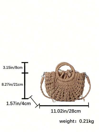 1pc Half-Moon Hollow Out Handbag, Fashionable Beach Vacation Straw Woven Bag, Vacation Bag For Summer, Perfect For Beach Vacation, Travel, Boho Chic