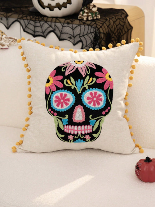 1pc Halloween Colorful Skull Embroidery Pillow Case, Day Of The Dead Candy Skull Pillow Cover, Suitable For Indoor Decoration, Day Of The Dead Decor, All-Season Pillow Case, Without Insert