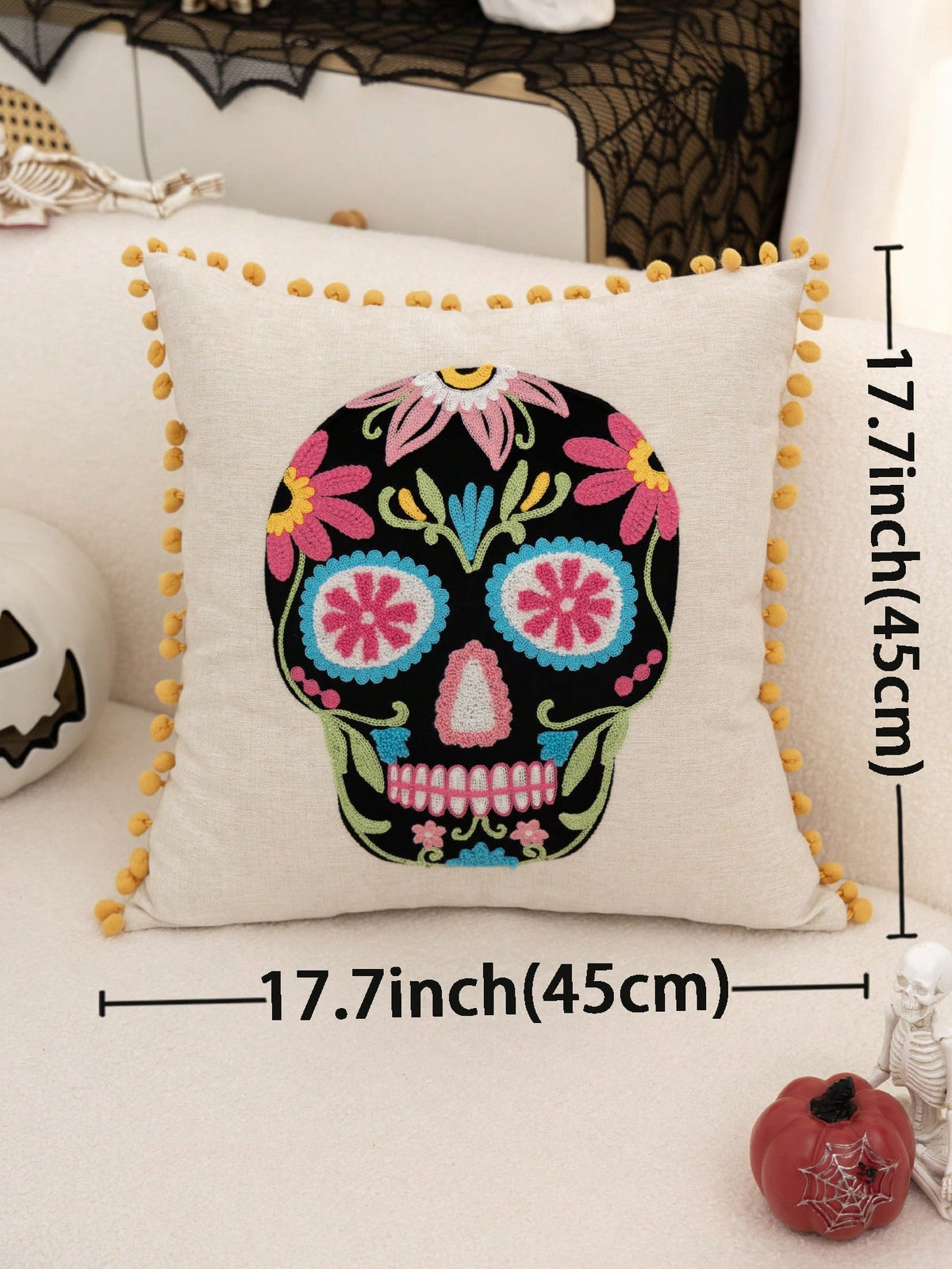 1pc Halloween Colorful Skull Embroidery Pillow Case, Day Of The Dead Candy Skull Pillow Cover, Suitable For Indoor Decoration, Day Of The Dead Decor, All-Season Pillow Case, Without Insert