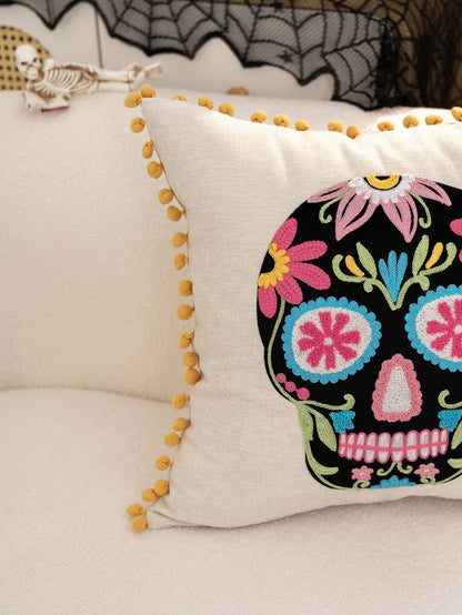 1pc Halloween Colorful Skull Embroidery Pillow Case, Day Of The Dead Candy Skull Pillow Cover, Suitable For Indoor Decoration, Day Of The Dead Decor, All-Season Pillow Case, Without Insert