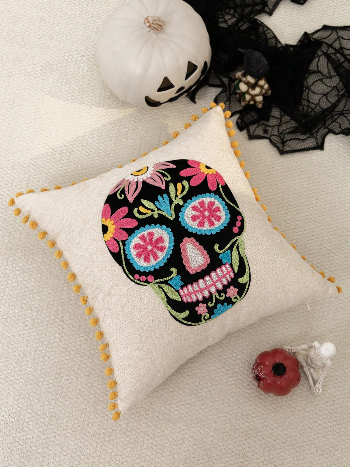 1pc Halloween Colorful Skull Embroidery Pillow Case, Day Of The Dead Candy Skull Pillow Cover, Suitable For Indoor Decoration, Day Of The Dead Decor, All-Season Pillow Case, Without Insert