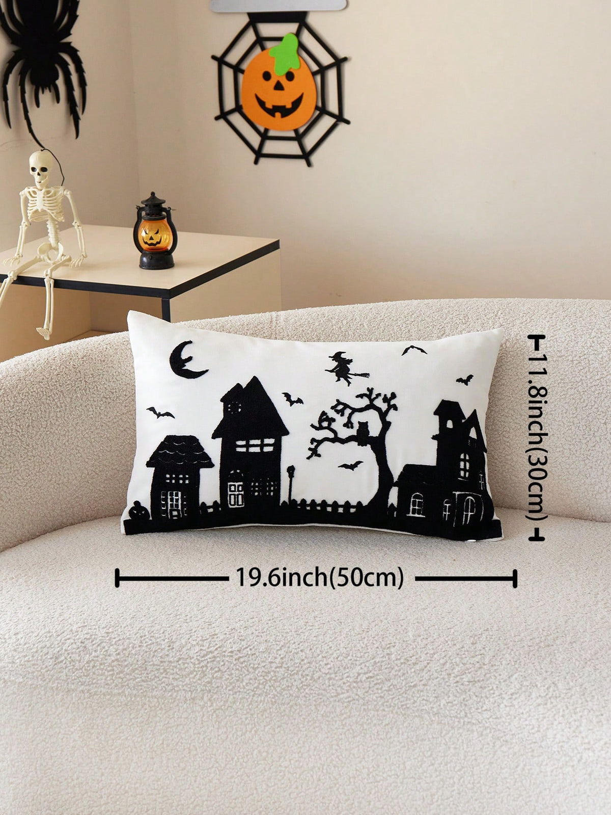 1pc Halloween Haunted House Embroidered Pillow Case, Suitable For Indoor Decoration, Halloween Decor, All Season Pillow Case, Without Insert