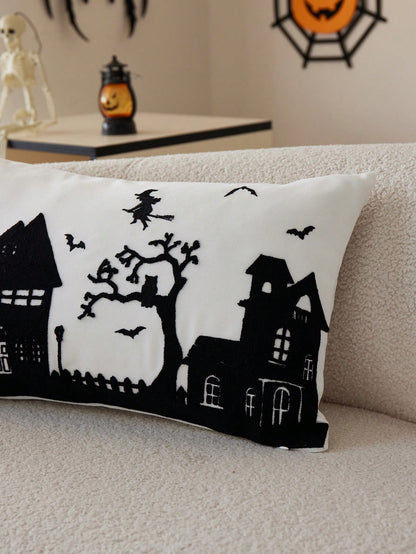 1pc Halloween Haunted House Embroidered Pillow Case, Suitable For Indoor Decoration, Halloween Decor, All Season Pillow Case, Without Insert